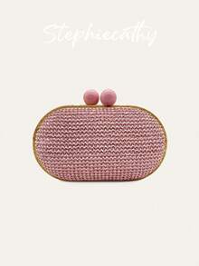 STEPHIECATHY Bolso de embrague de paja trenzada con marco de madera, cierre de pinza, forma ovalada, bolso de noche con cadena larga para cena, fiesta, boda, cita, regalo, vacaciones de verano - Multicolor - Ver 8