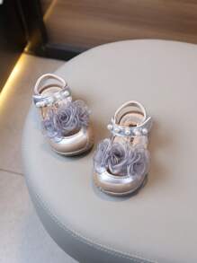 1 Pair Girls' Flower & Tower Design Classic Children PU Lace-Up Flat Sandals With Pearl Decor, Cute Baby/Toddler Summer/Spring/Autumn/Winter Shoes