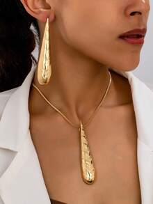 3pcs Set Women Fashion Geometric Pattern Pendant Necklace & Earrings Jewelry Set - Yellow Gold - View 8