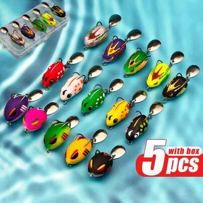 5 pezzi kit di esche artificiali morbide a forma di rana - esche artificiali senza ardiglione con cucchiaino, alto tasso di abboccata per la pesca in acqua dolce, diverse colorazioni di esche da pesca