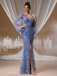 GIFORU Elegant Black Chiffon Mermaid Evening Gown Hand-Beaded Deep V-Neck, Crystal Sequins & High Slit Luxury Couture Dress For Gala Red Carpet Wedding/Prom - Dusty Blue - View 9