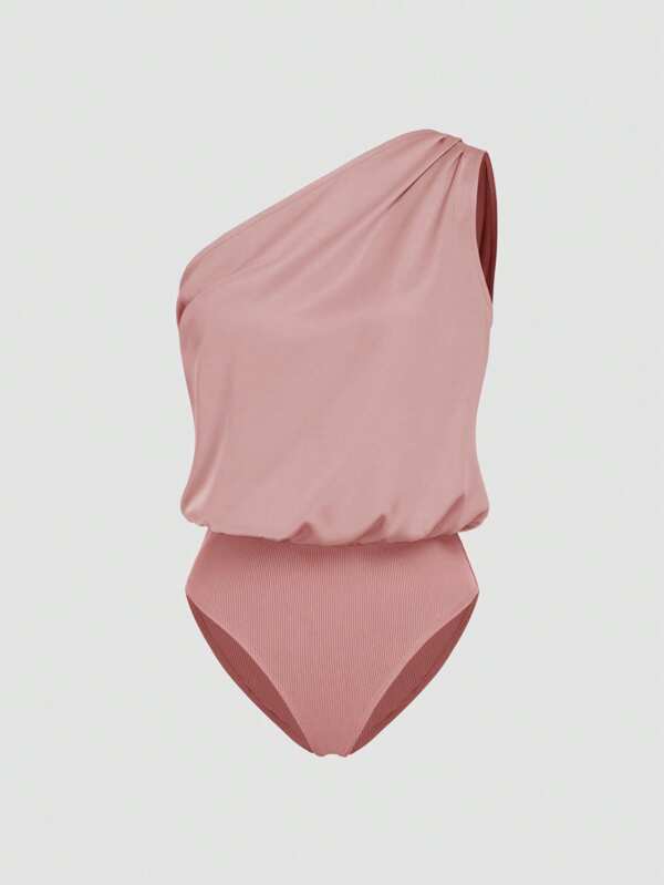 Satin Asymmetrical Neck Solid Bodysuit