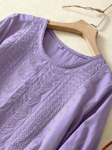 Blusa suelta de mujer con cuello redondo, manga farol y bordado floral, para primavera/verano