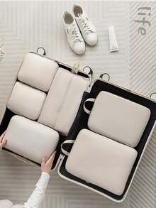 6pcs Beige Soft Polyamides Portable Travel Compression Storage Luggage Bag Set - Organize Your Clothing, Shoes, Socks, And Underwear With Ease - Perfect For Luggage And Suitcase Packing Slogan Graphic Travel Storage Bag Portable With Shoe Toiletry And Laundry Bags School Supplies School Stuff For School For College Dorm Room Decor Bedroom Decor Dorm Essentials For Student Teacher Waterproof Luggage Suitcase Organizer & Travel Accessories - Beige - View 5