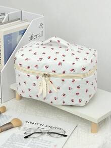 1 Black & White Color Matching Cosmetic Bag With Bow Pattern, Multifunctional Makeup Storage Bag Portable Makeup Brush Clutch With Zipper Closure For Lipstick, Brushes, Skincare, Storage Box, Jewelry Storage Box, Lip Gloss Storage Box - Multicolor - View 7