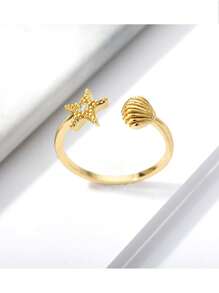 Gold Shell Ring Beach Themed Adjustable Rings; Ocean Inspired Jewelry; Starfish & Seashell Rings; Boho Summer Gift For Women