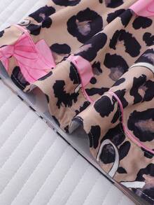 2pcs Leopard Bowknot Print Women Pajama Set, Collar Shirt Short Sleeve Comfortable Top And Elastic Waist Shorts, Fashionable Sleepwear Loungewear For Holidays Party And Casual Wear