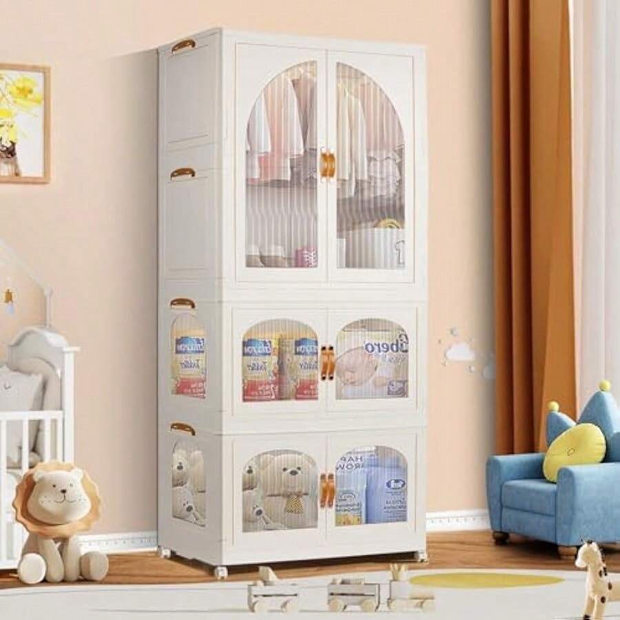 Portable Closet 's Wardrobe Collapsible Plastic Wardrobe Storage Box With 10 Hangers Storage Containers For Bedroom With Wheels Suitable For Storing 's Clothing - as pic - View 1