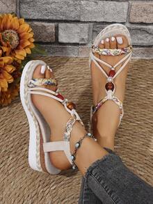 Sandali sportivi casual con zeppa fatti a mano, con perline, con suola intrecciata antiscivolo, tacco basso versatile, sandali con tacco medio per donna - Beige - Visualizzare 3