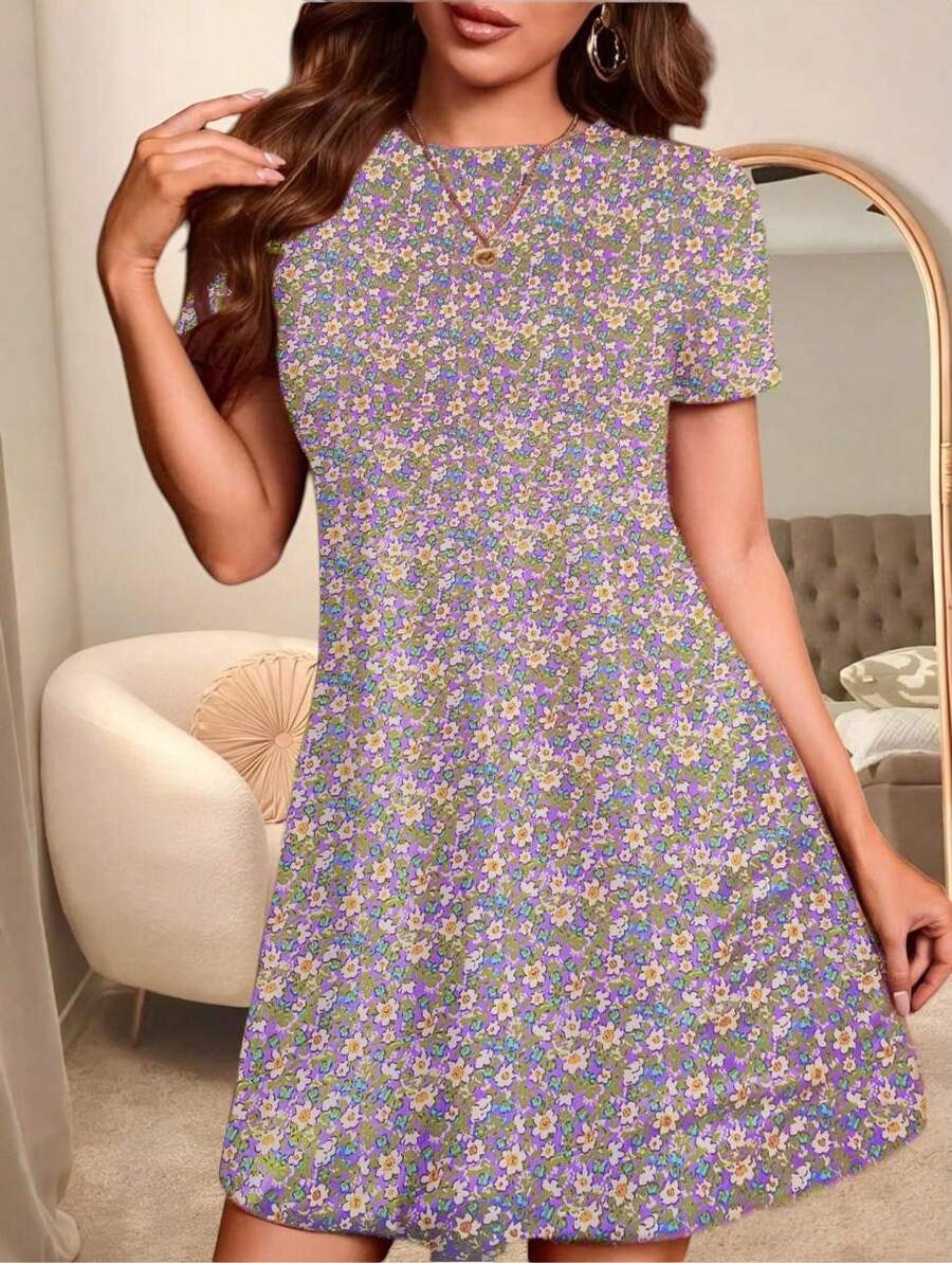 Women Short Dresses - Floral Purple - View 1