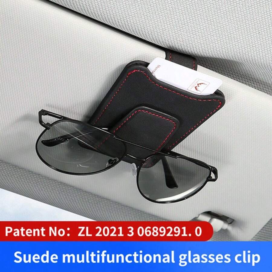 PU Leather Fashion Glasses Holder For Car Sun Visor - Multifunctional Clip For Glasses, Cards & Tickets, Black With Red Accents, Secure & Stylish Car Accessory, Sun Visor For Car