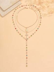 3 peças/Conjunto Colar Vintage Religioso com Pingente de Cruz de Jesus, Colar com Contas de Cristal Colorido, Joias da Moda Adequadas para Uso Diário, Rua, Fotografia, Páscoa, Corrente Ajustável Feita à Mão, Arranjo Aleatório de Cores de Cristal