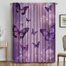 2片紫色蝴蝶图案窗帘 - 杆袋式窗帘，饰有花卉和星星图案，适用于卧室、办公室、厨房、客厅、书房装饰，客厅窗帘 - 紫色 - 查看 10