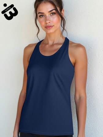 一件式女式运动背心，无袖，工字背，露背，海军蓝，透气轻质面料，适合健身课、普拉提训练、户外跑步、徒步旅行、露营和城市日常运动风格，用途广泛