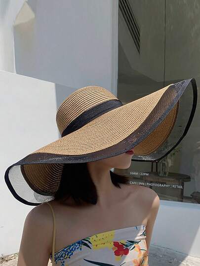 女士宽边沙滩草帽，网眼拼接防晒帽，遮挡面部阳光，适合海边旅行，时尚百搭