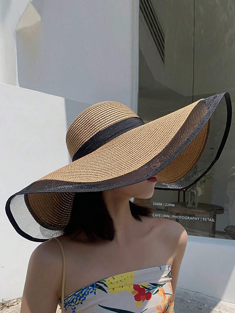 女士宽边沙滩草帽，网眼拼接防晒帽，遮挡面部阳光，适合海边旅行，时尚百搭 - 帽子 - 查看 1