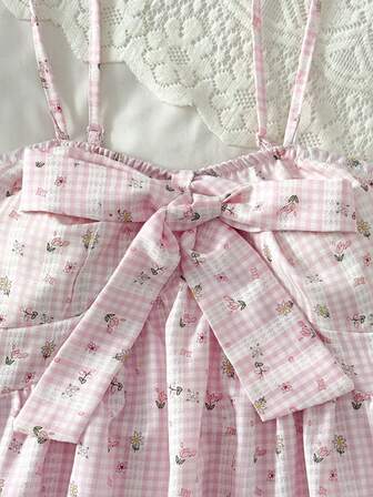 Damlinne med band, avslappnad lös passform med tryckt spets och ginghammönster, lämplig för högtider, examen, bröllop, skolstart, fest, lunch, söt romantisk lantlig resortstil, avslappnad och bekväm passform med knytband i fållen.