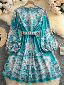 Sukienka damska z krótkim rękawem, modna, z dekoltem w serek, w stylu boho, z nadrukiem na dole i ozdobnymi guzikami, na wiosnę i lato, do noszenia na wycieczce, krótka sukienka