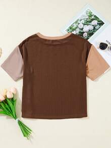 Acelitt Summer Women's Multi-Color Patchwork Color Block Texture Striped Round Neck Casual Short Sleeved T-Shirt