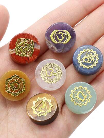 Set de 7 piezas/paquete de adornos de piedra natural con forma redonda y símbolos grabados de los 7 chakras, cuarzo amatista de 16-18mm sin agujero