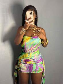 2025 Spring & Summer New Arrival Printed Mesh See-Through Strapless Dress With Sash And Train, Party Dress, For Cocktail - Green Flower - View 3