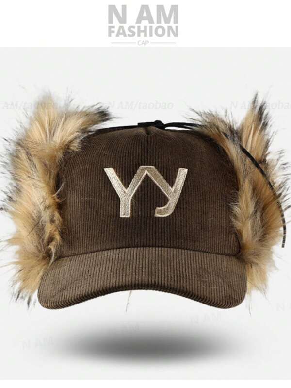 1 Pc Letter Embroidery Imitation Fur Warm Ear Protection Corduroy Thicken Baseball Cap, Casual Versatile