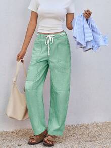 Womens Baggy Barrel Jeans Horseshoe Wide Leg Low Rise Patchwork Denim Pants With Pockets - 綠色 - 查看 7