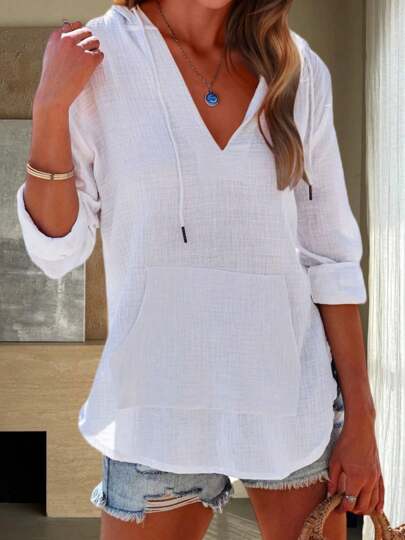 Women's Beach Cover Up Hoodies Sweatshirt Long Sleeve V Neck Pocketed Hooded Shirt Top