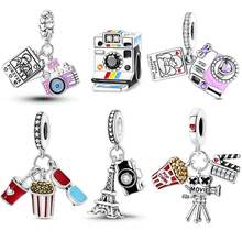 1 件创意银色记录系列摄影电影休闲电影迷相机爆米花情侣照片电视控制吊坠适用于 3 毫米手链项链 DIY 制作串珠吊坠非常适合日常佩戴电影之夜旅行作为独特的礼物 - 銀色 - 查看 1