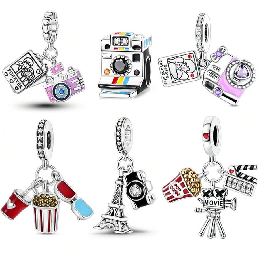 1 件创意银色记录系列摄影电影休闲电影迷相机爆米花情侣照片电视控制吊坠适用于 3 毫米手链项链 DIY 制作串珠吊坠非常适合日常佩戴电影之夜旅行作为独特的礼物 - 銀色 - 查看 1