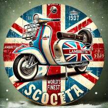 1 pieza Letrero de metal con diseño de estilo vintage de la Lambretta Scooter - Diseño de bandera británica 2D, decoración de pared de 8 pulgadas de diámetro, fácil de colgar, adecuado para el hogar, el jardín, el bar, la cafetería, la oficina y también para la decoración de la habitación - Estilo de orificio como el tamaño mostrado