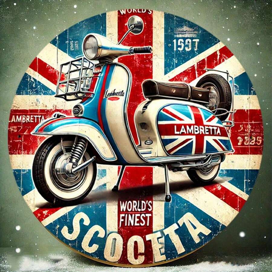 1 pieza Letrero de metal con diseño de estilo vintage de la Lambretta Scooter - Diseño de bandera británica 2D, decoración de pared de 8 pulgadas de diámetro, fácil de colgar, adecuado para el hogar, el jardín, el bar, la cafetería, la oficina y también para la decoración de la habitación - Estilo de orificio como el tamaño mostrado