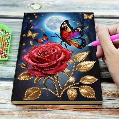 Caderno de pintura diamante 5D DIY A5, 1 peça, padrão de borboleta e rosa, conjunto de cadernos de pintura diamante, adequado para presente criativo feito à mão