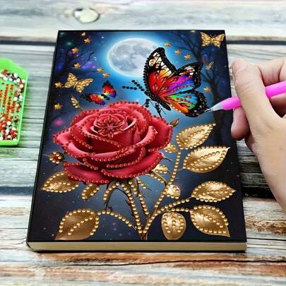 1pc 5D DIY Diamond Painting Notebook A5, Butterfly & Rose Pattern, Diamond Painting Notebook Set, Suitable For Handmade Creative Gift