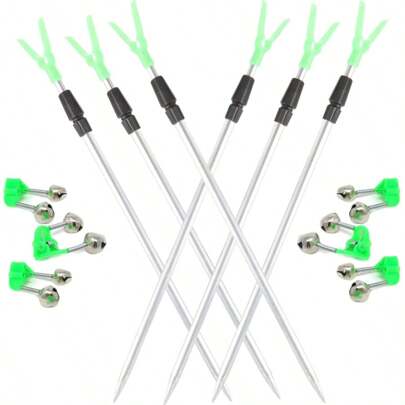 12pcs/Set: 6 Adjustable Aluminum Alloy Telescopic Fishing Rod Holder Racks & 6 Loud Dual Alert Fishing Bite Alarms, Outdoor Fishing Gear