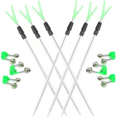 12pcs/Set: 6 Adjustable Aluminum Alloy Telescopic Fishing Rod Holder Racks & 6 Loud Dual Alert Fishing Bite Alarms, Outdoor Fishing Gear