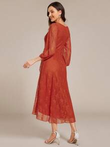 EVER-PRETTY Women's Lace V Neck Sheer Midi Burnt Orange Wedding Guest Dresses Formal Dresses For Wedding