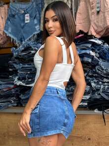Women's High Waist Twill Cargo Skirt With Lycra Side Pockets Short Butt Lift - 淺藍色 - 查看 4