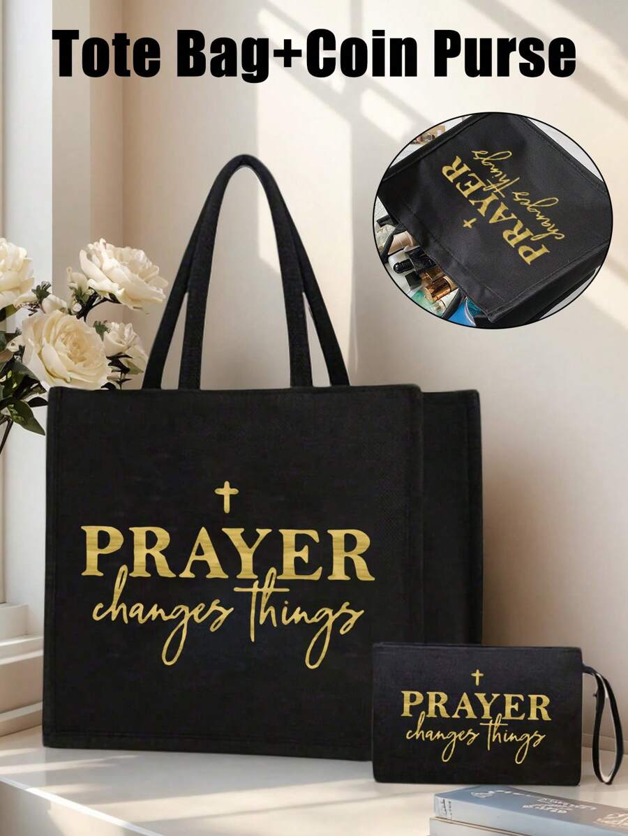 Bolso de lino negro con estampado de letra inspiradora, bolsa de maquillaje a juego, bolsa de compras portátil y bolsa de almacenamiento plegable ligera, talla grande una pequeña bolsa de cosméticos de lino que puede usarse como monedero