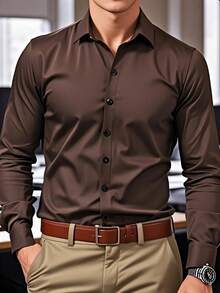 Men's Solid Color Formal Dress Shirt With Button Design, Long Sleeve - Coffee Brown - View 2