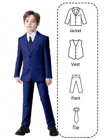 男童西装四件套幼儿燕尾服礼服结婚礼服婚礼西装背心裤子领带儿童正式西装深宝蓝色4-16岁尺码