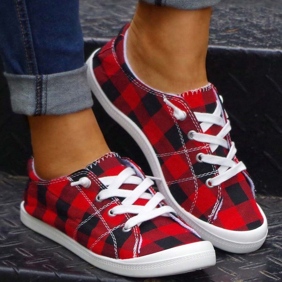 Women's Spring/Summer New New Big Red Checkered Flats Fashionable And Versatile, Comfortable Shallow Round Toe, Lightweight Lace-Up Low Top Soles, Breathable Casual Sports, Plus Size Women's Shoes - 紅色 - 查看 1