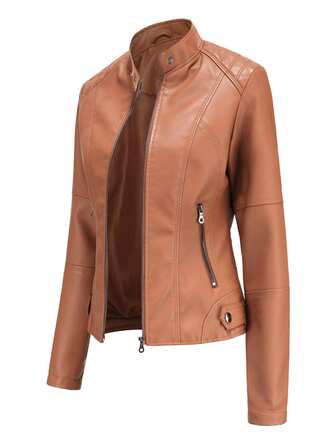 Fitted Women Leather Jacket, Thin Moto Coat, Spring Autumn Outwear, Standup Collar Faux Leather Jacket For Ladies N767