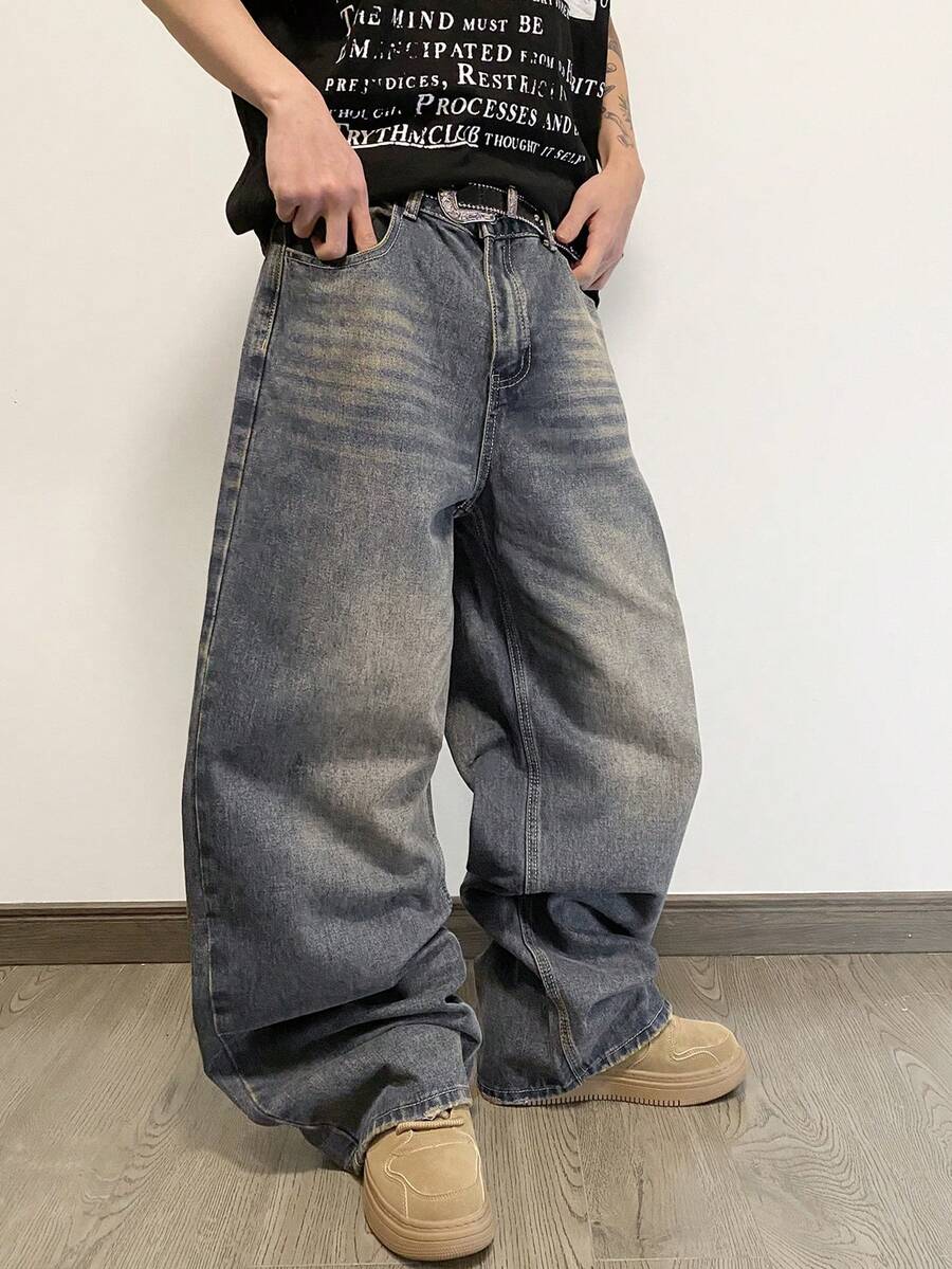 1件 Hearty Haven 宽松休闲时尚百搭街头风阔腿直筒牛仔裤 - 薄荷藍 - 查看 1