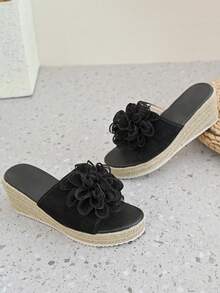 Women's Platform Wedge Sandals With Single Strap, Straw Bottom Thick Heel Wide Width - Black Color - View 8