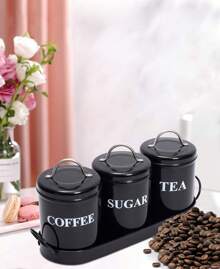 Tea Coffee Sugar Canisters, 3 Piece Kitchen Canister Set, Tea Sugar Coffee Canisters With Sealing Lid And Metal Tray, Metal Vintage Food Storage Jars For Coffee, Sugar, Tea, White