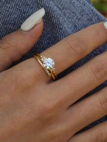 2pcs/Set Elegant S925 Sterling Silver Cubic Zirconia Twisted Brick Stackable Ring Set, Women Jewelry For Proposal, Date, Daily, Festival, Wedding - Gold - View 3