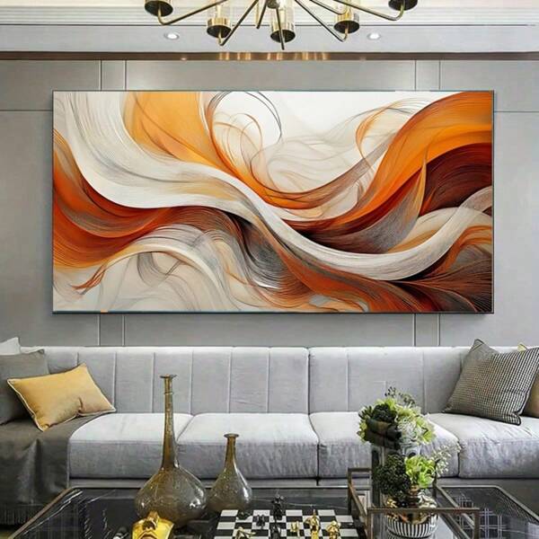 1pc Abstract Art Decor Painting,Orange, White & Brown Lines Posters,Minimalist Wall Arts For Bedroom, Office, Bar, Kitchen, Dining Room,Modern Canvas Art Picture,No Frame