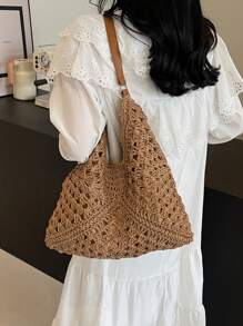 Geantă de umăr boemă din paie pentru femei, geantă tote de plajă de designer vintage, potrivită pentru vacanță, muncă, utilizare zilnică, stil de vară, perfectă pentru ieșirile ocazionale și excursiile pe plajă