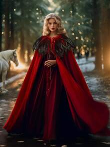 Unisex Solid Color Velvet Adult Cape With Real Natural Gothic Feather Cloak